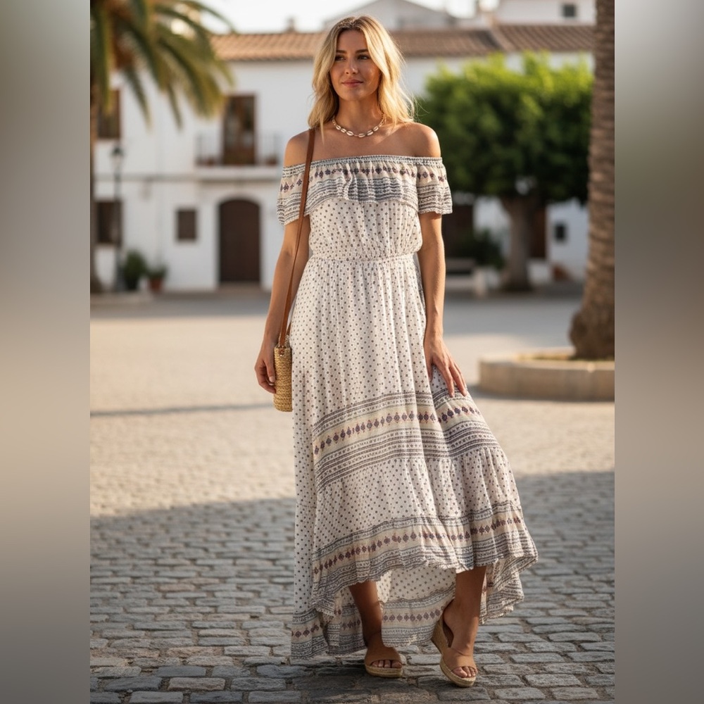 NEW• Ananda’s Beachy Boho Chic Off The Shoulder Maxi Dress•XL